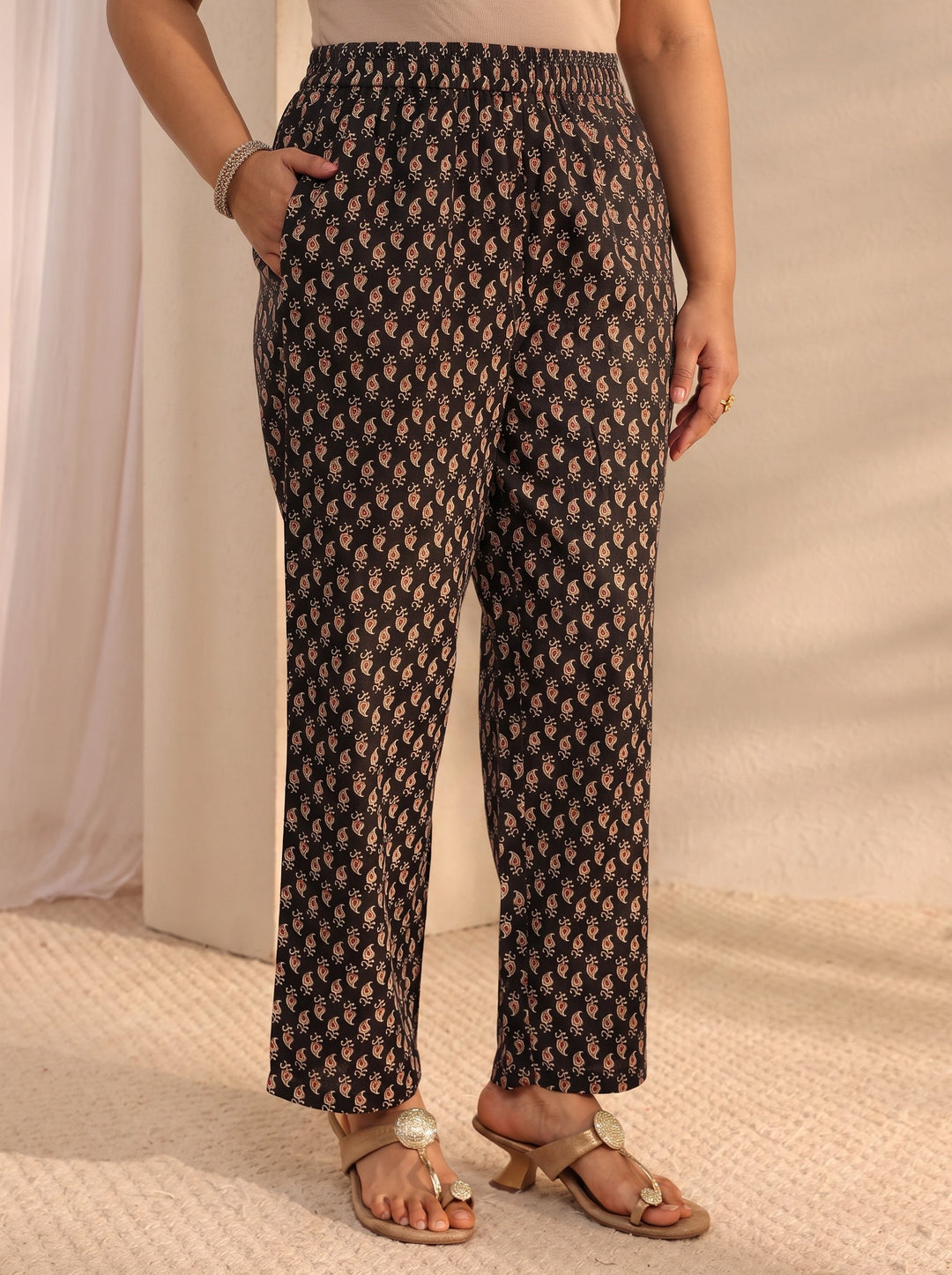 Plus Size Black Ajrak Printed Cotton Blend Straight Suit Set With Dupatta