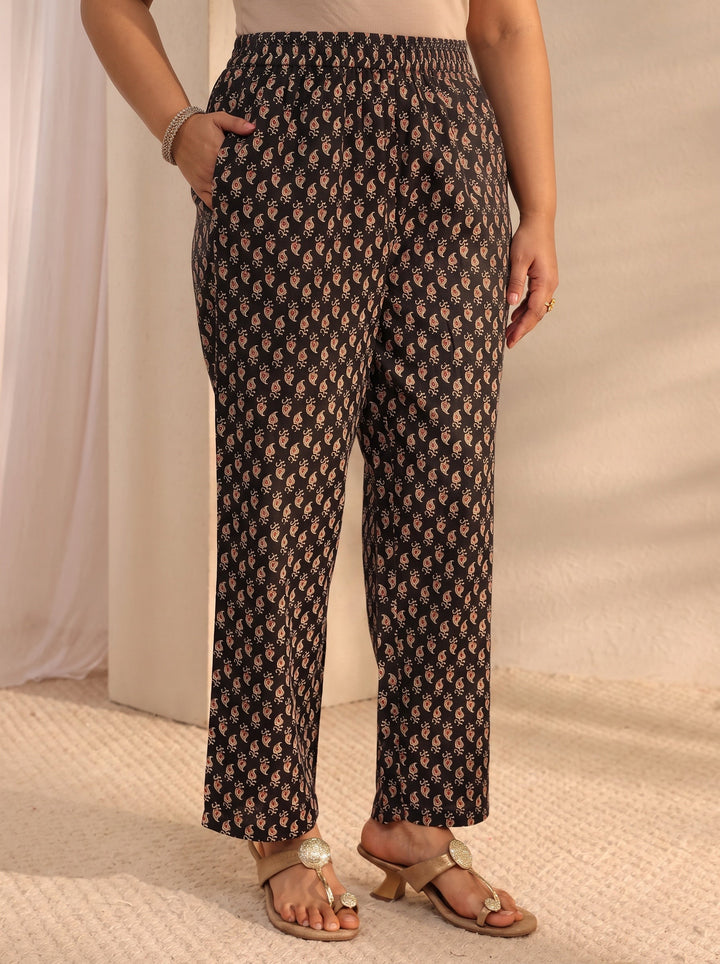 Plus Size Black Ajrak Printed Cotton Blend Straight Suit Set With Dupatta