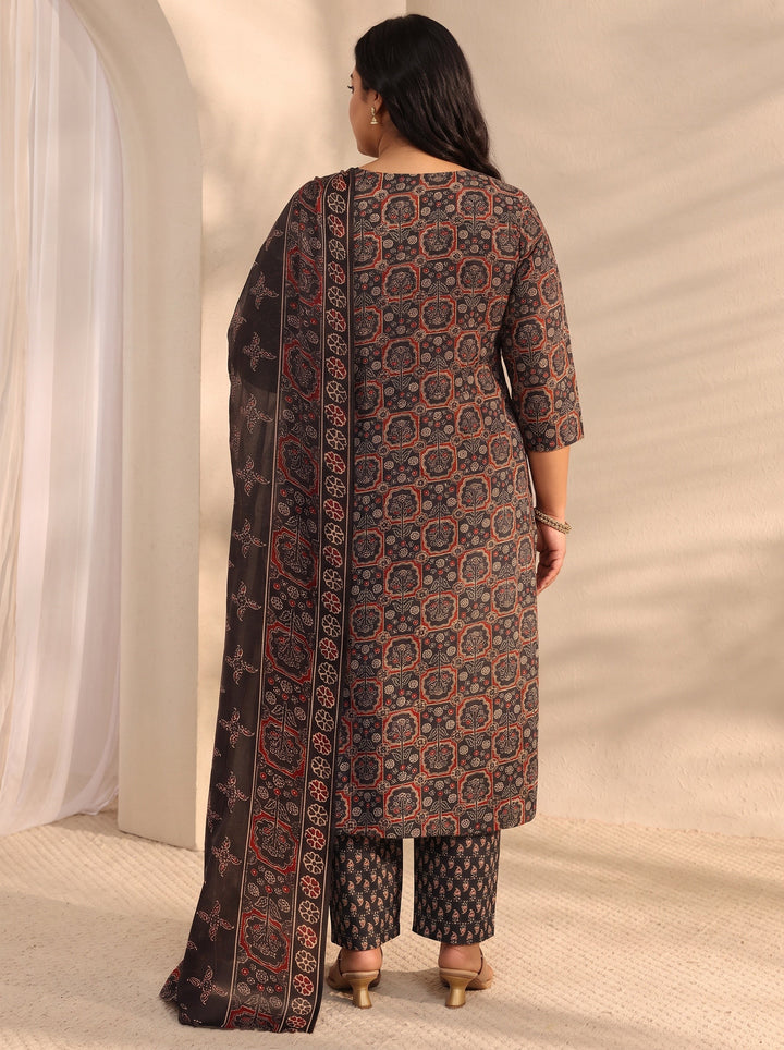 Plus Size Black Ajrak Printed Cotton Blend Straight Suit Set With Dupatta
