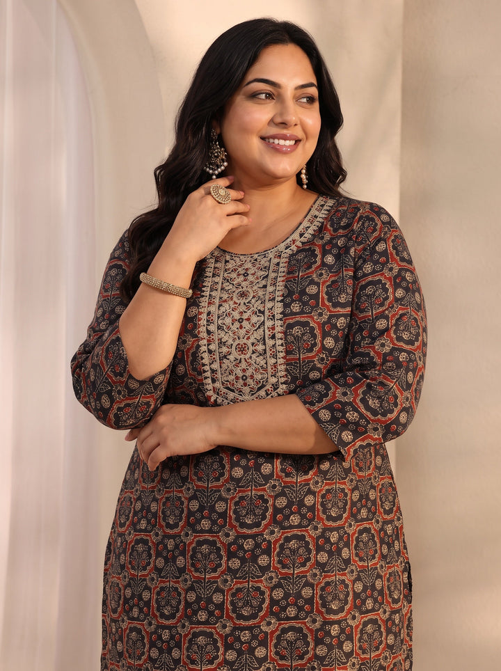 Plus Size Black Ajrak Printed Cotton Blend Straight Suit Set With Dupatta