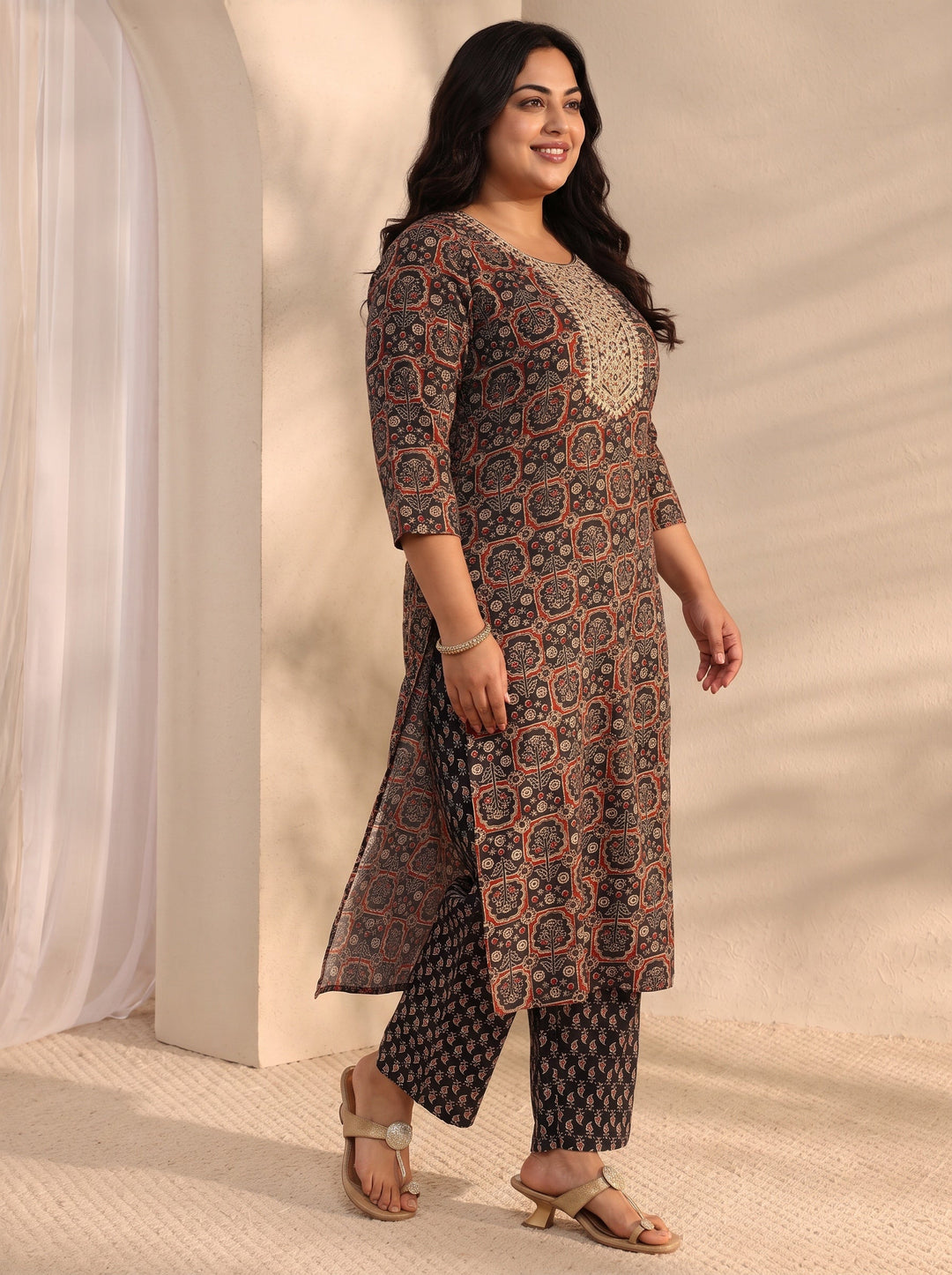 Plus Size Black Ajrak Printed Cotton Blend Straight Suit Set With Dupatta