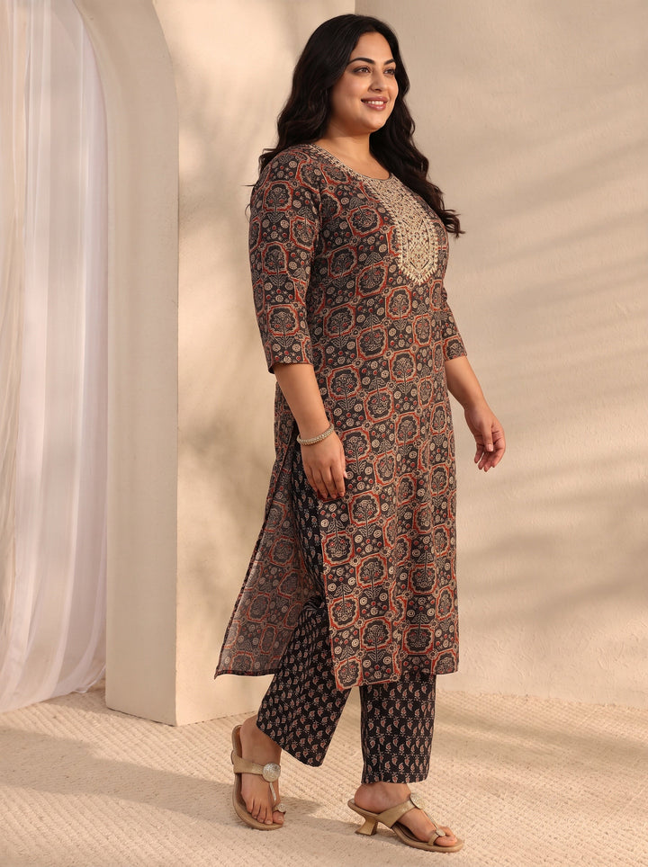 Plus Size Black Ajrak Printed Cotton Blend Straight Suit Set With Dupatta