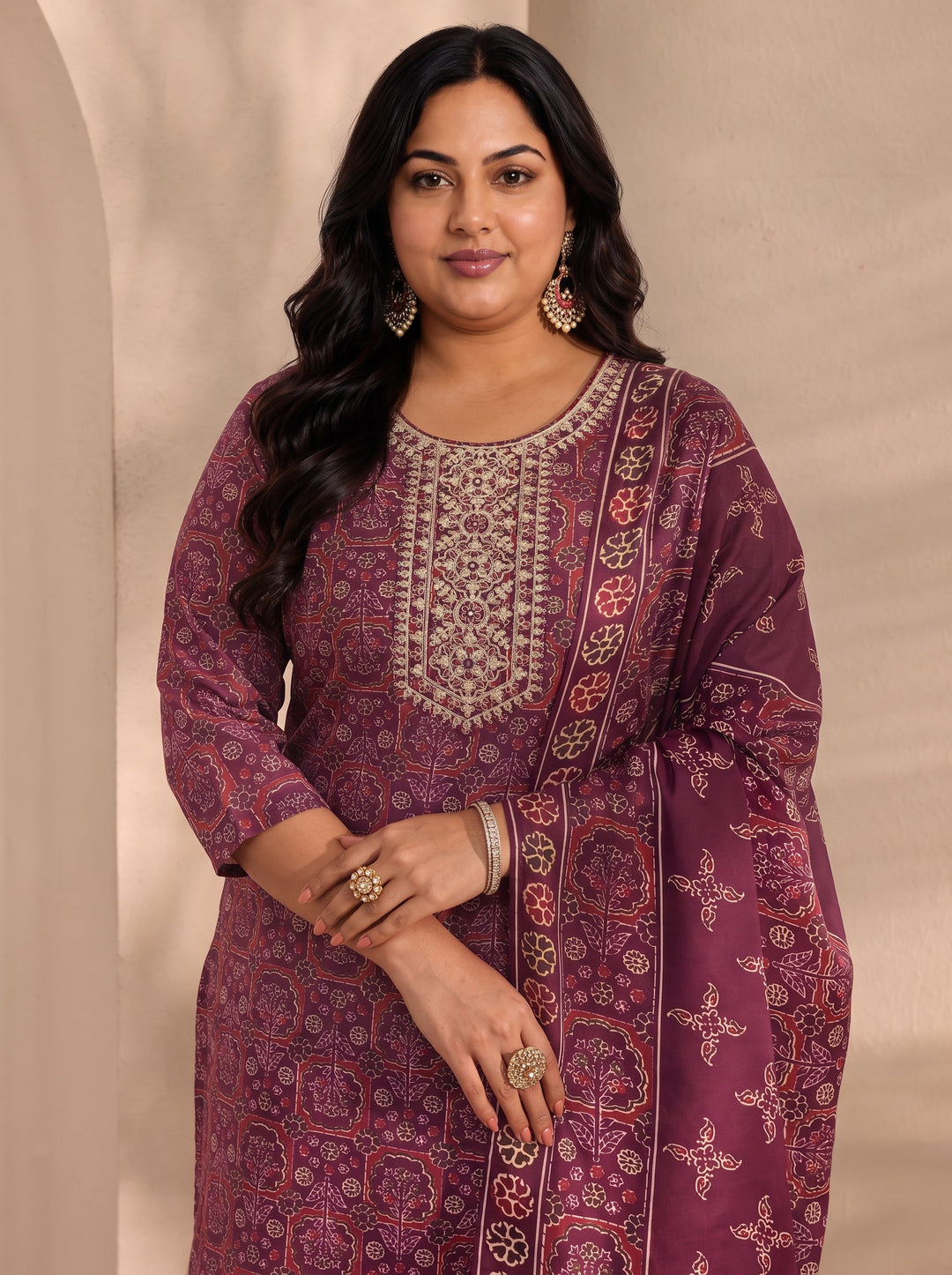 Plus Size Burgundy Ajrak Printed Cotton Blend Straight Suit Set With Dupatta
