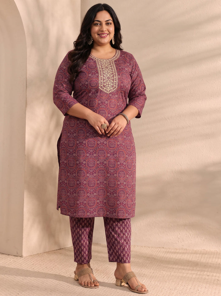 Plus Size Burgundy Ajrak Printed Cotton Blend Straight Suit Set With Dupatta