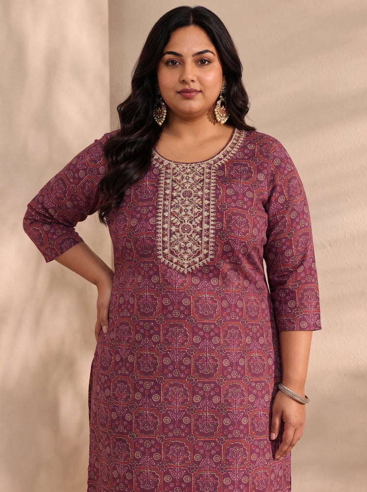 Plus Size Burgundy Ajrak Printed Cotton Blend Straight Suit Set With Dupatta
