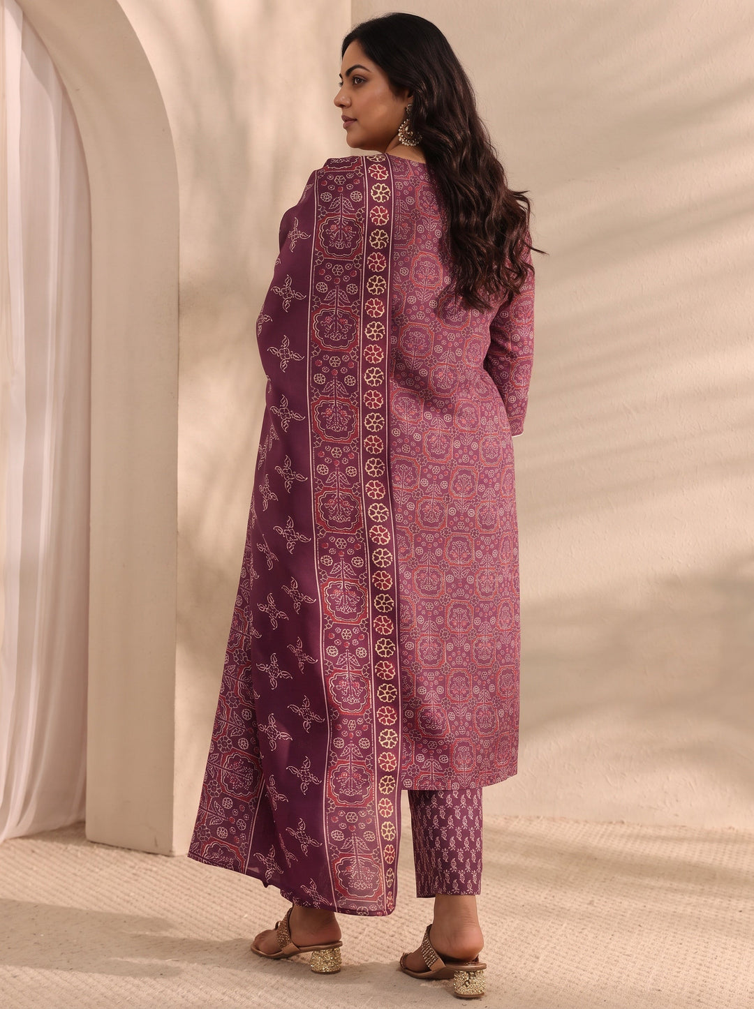 Plus Size Burgundy Ajrak Printed Cotton Blend Straight Suit Set With Dupatta