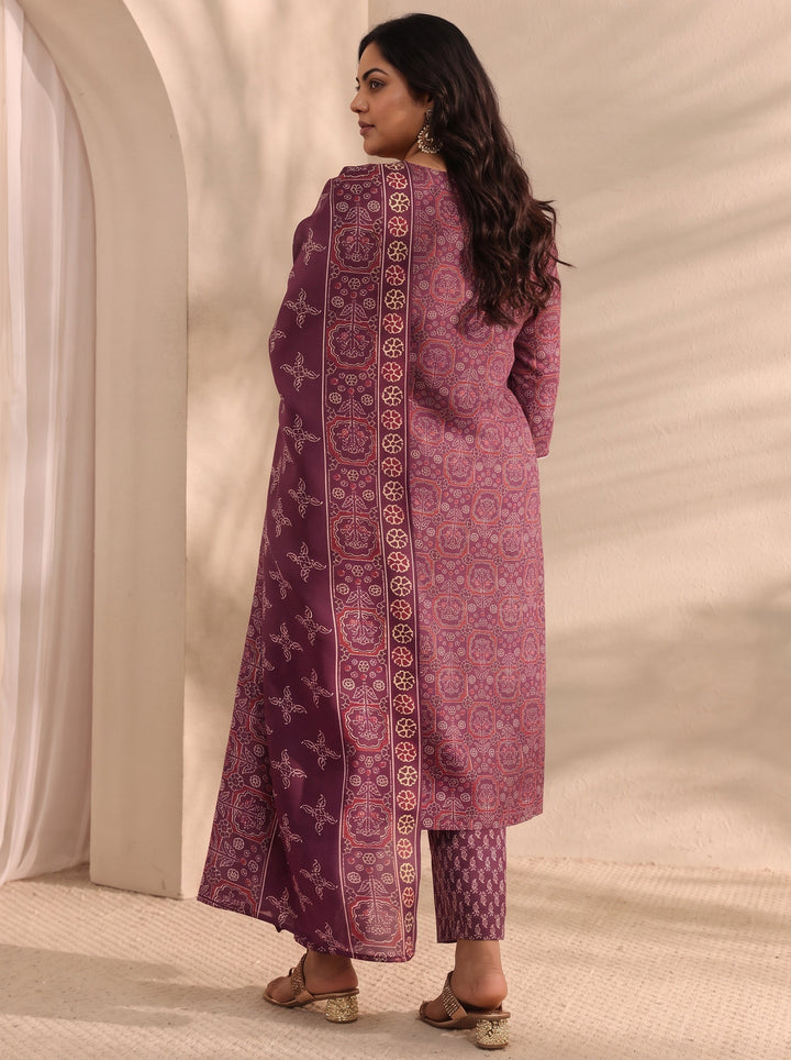 Plus Size Burgundy Ajrak Printed Cotton Blend Straight Suit Set With Dupatta
