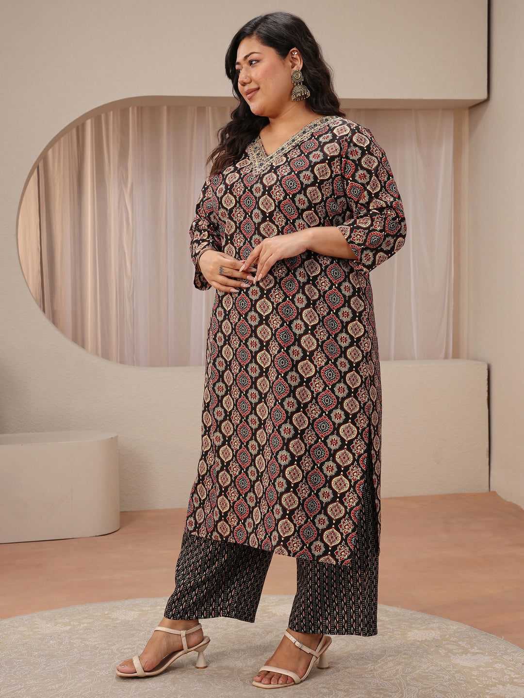 Plus Size Black Ajrakh Print Cotton Blend Straight Suit Set