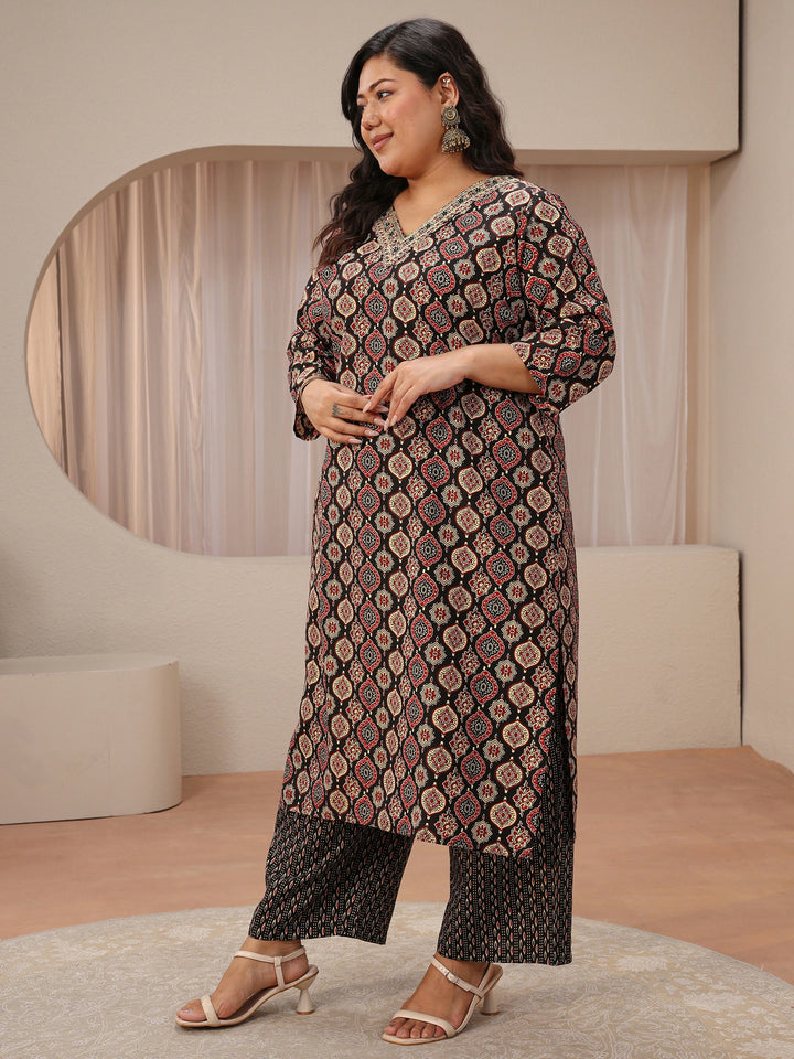 Plus Size Black Ajrakh Print Cotton Blend Straight Suit Set