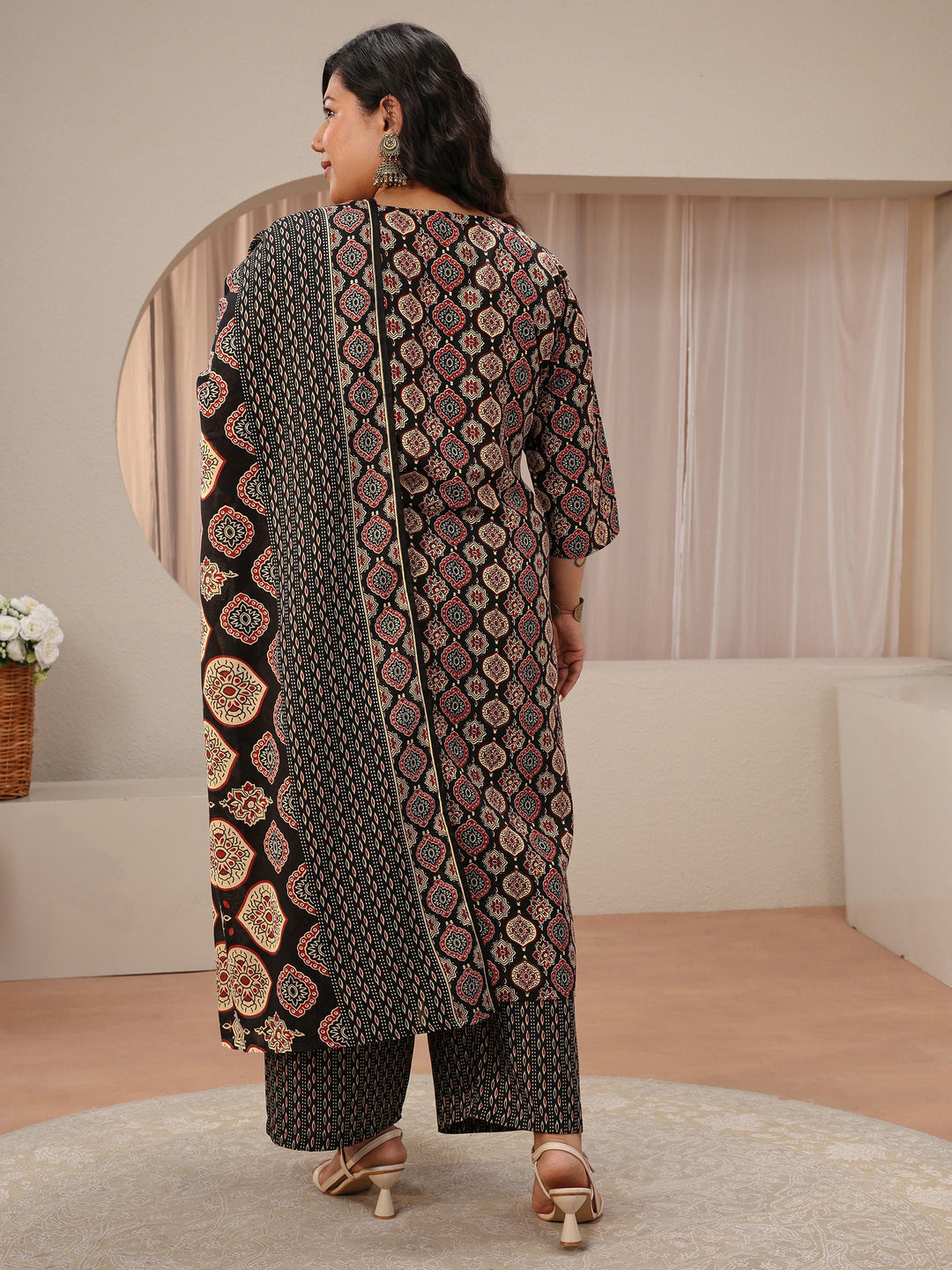 Plus Size Black Ajrakh Print Cotton Blend Straight Suit Set
