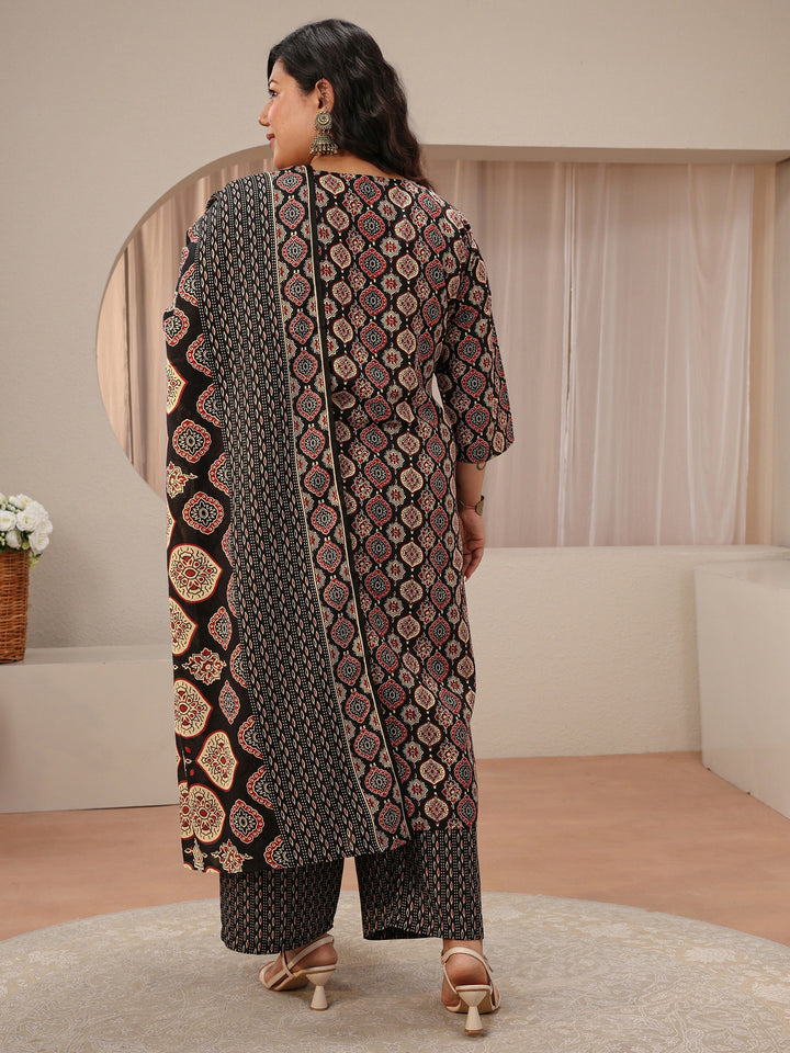 Plus Size Black Ajrakh Print Cotton Blend Straight Suit Set