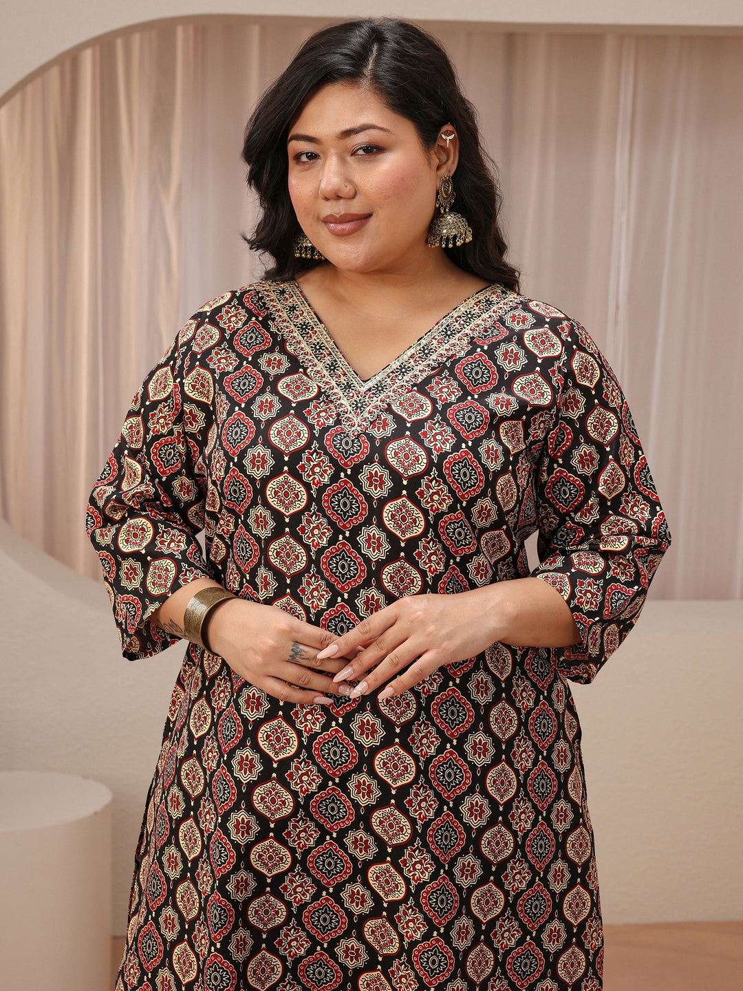 Plus Size Black Ajrakh Print Cotton Blend Straight Suit Set
