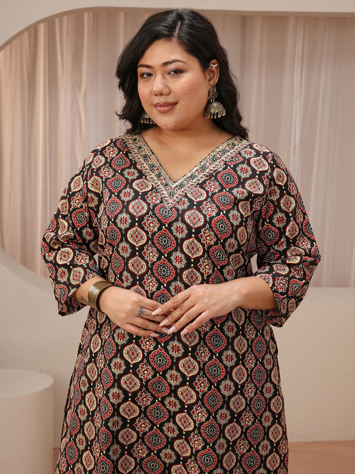 Plus Size Black Ajrakh Print Cotton Blend Straight Suit Set