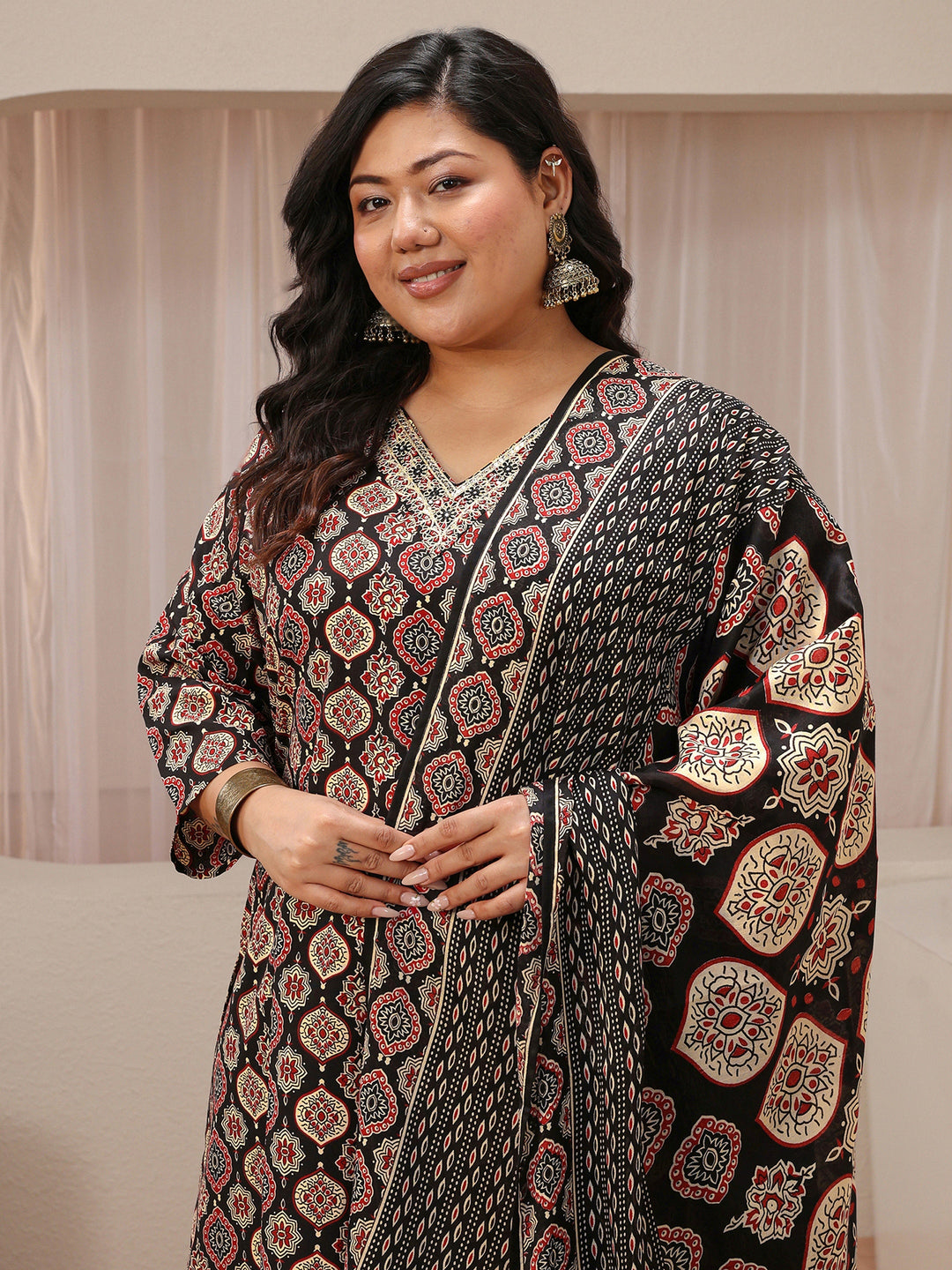 Plus Size Black Ajrakh Print Cotton Blend Straight Suit Set