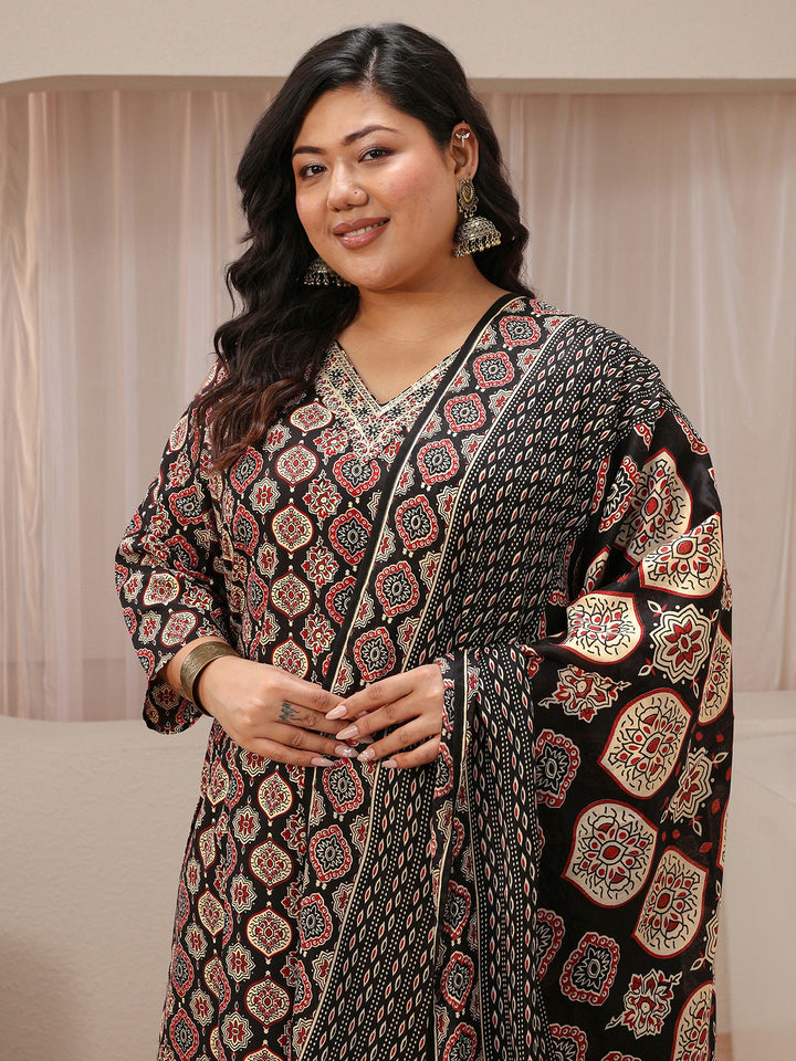 Plus Size Black Ajrakh Print Cotton Blend Straight Suit Set