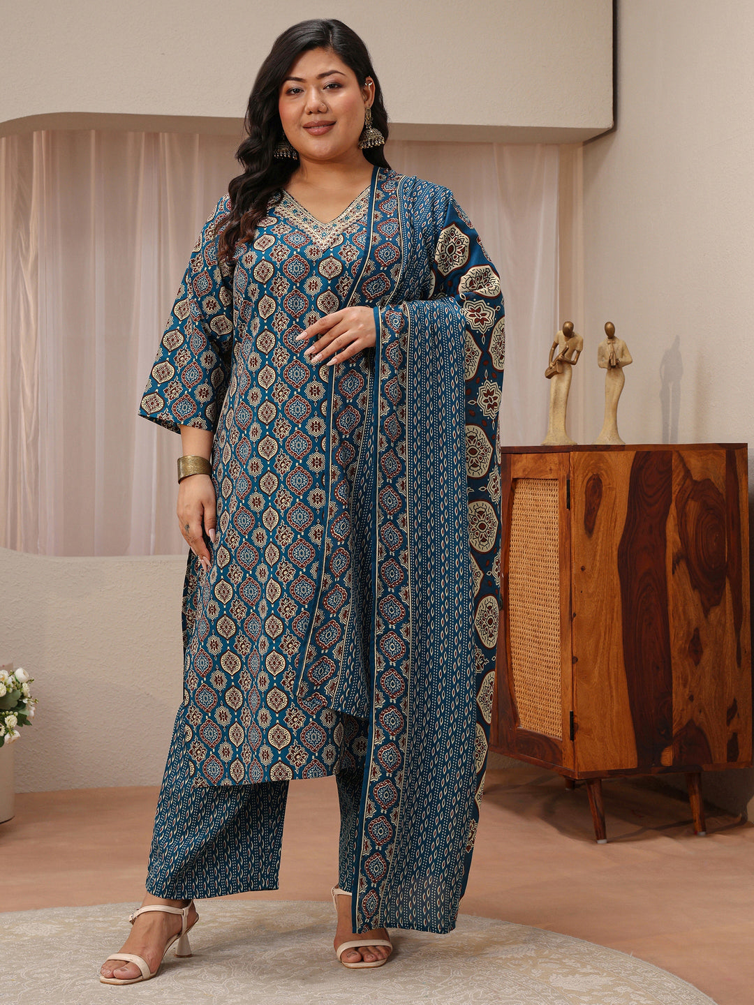 Plus Size Blue Ajrakh Print Cotton Blend Straight Suit Set