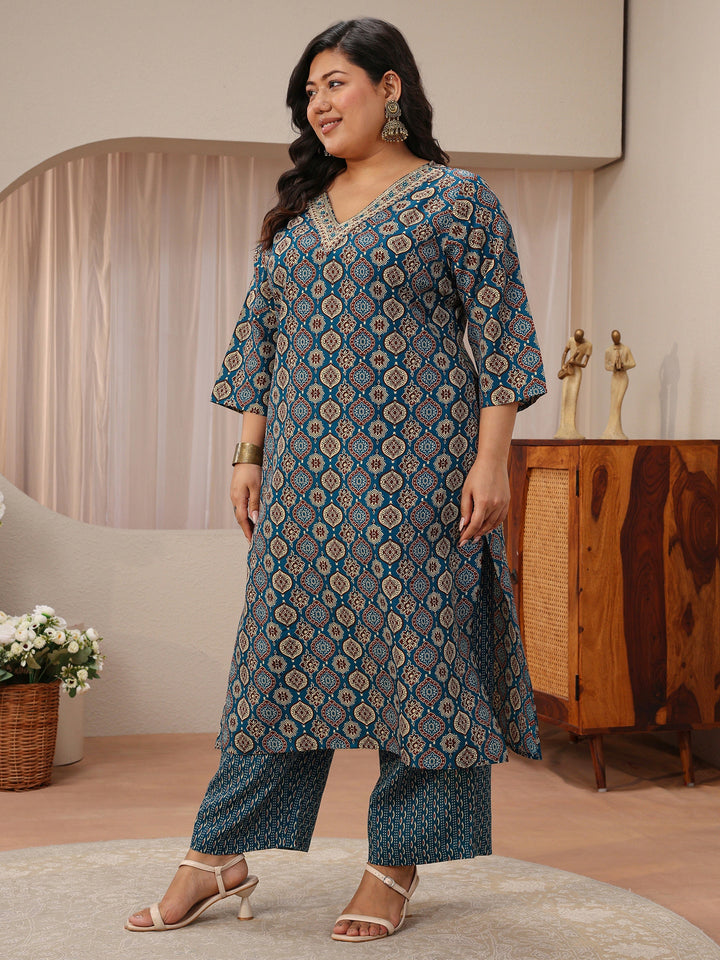 Plus Size Blue Ajrakh Print Cotton Blend Straight Suit Set
