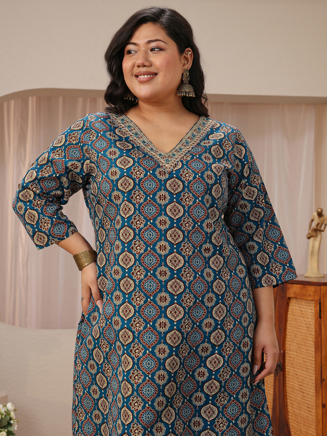 Plus Size Blue Ajrakh Print Cotton Blend Straight Suit Set