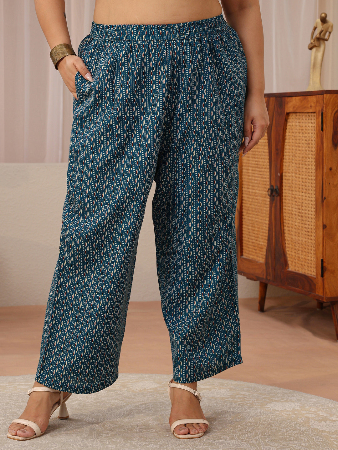 Plus Size Blue Ajrakh Print Cotton Blend Straight Suit Set