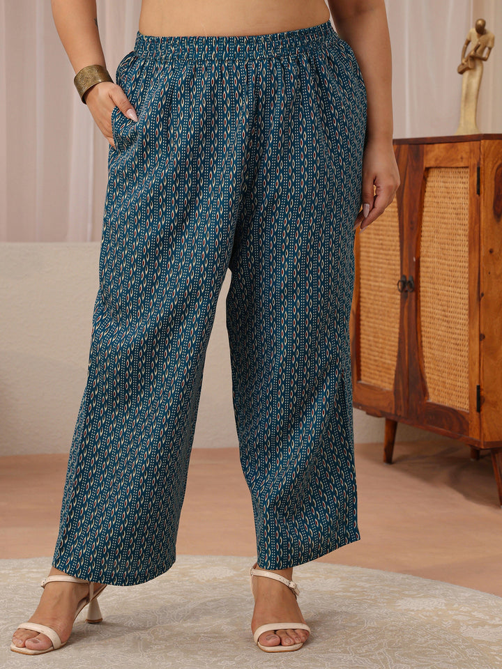 Plus Size Blue Ajrakh Print Cotton Blend Straight Suit Set