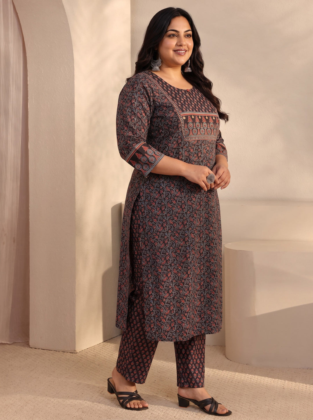 Plus Size Black Floral Printed Cotton Straight Suits Set With Dupatta