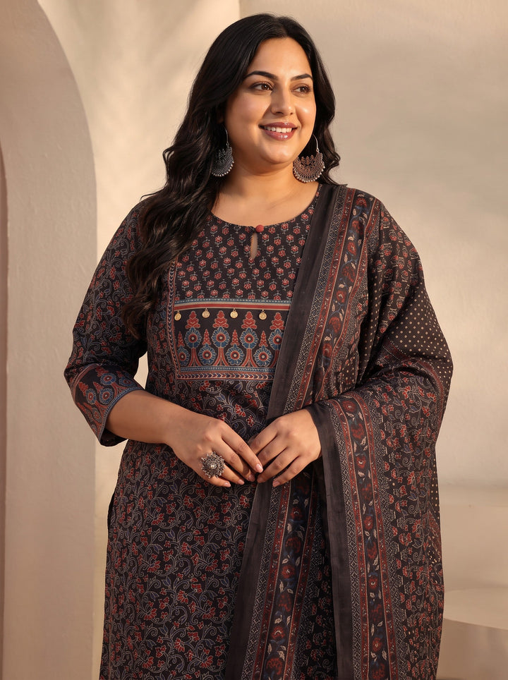 Plus Size Black Floral Printed Cotton Straight Suits Set With Dupatta