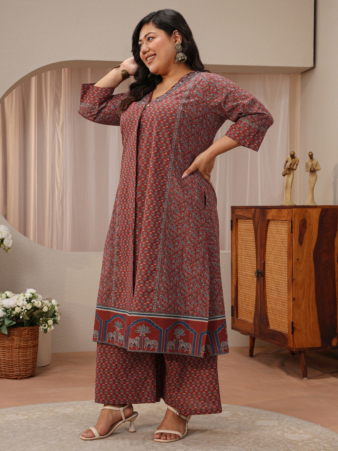 Plus Size Maroon Floral Printed Cotton A-Line Suit Set