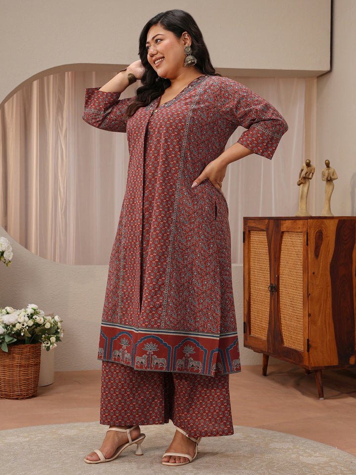 Plus Size Maroon Floral Printed Cotton A-Line Suit Set