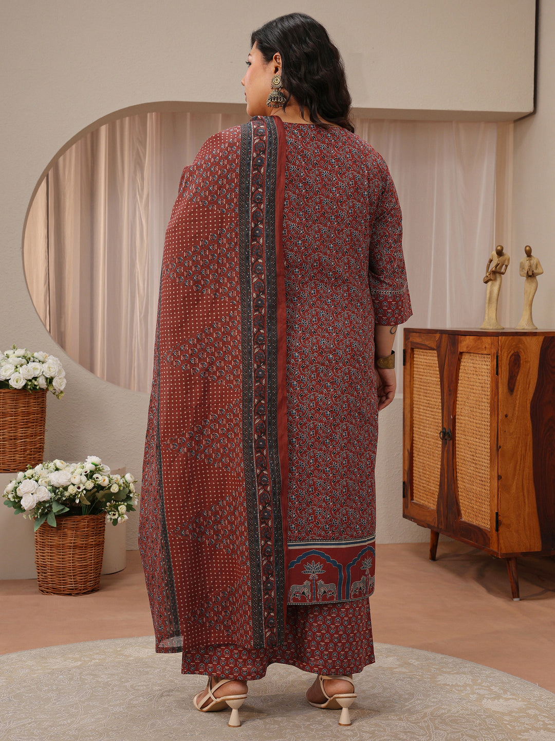 Plus Size Maroon Floral Printed Cotton A-Line Suit Set