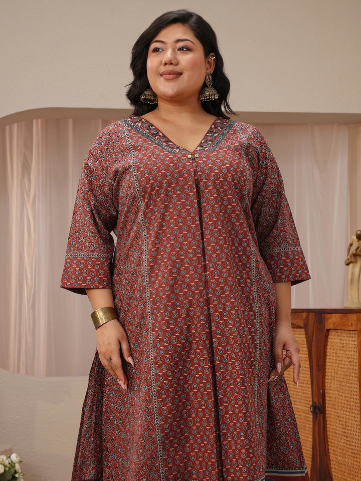 Plus Size Maroon Floral Printed Cotton A-Line Suit Set