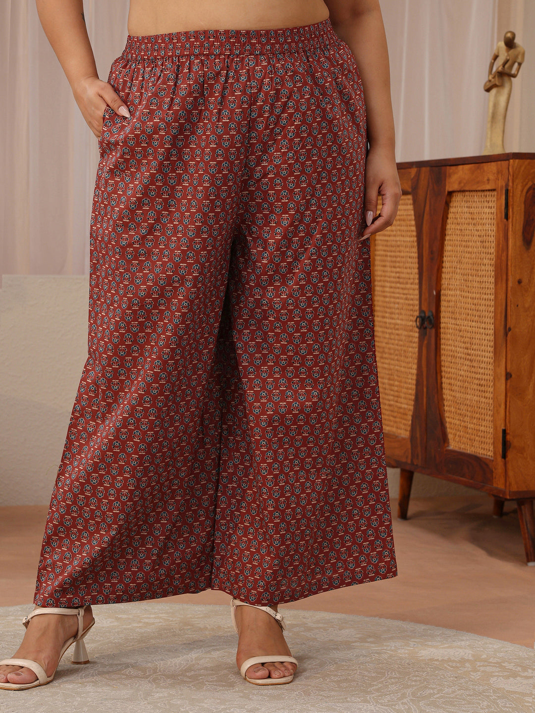 Plus Size Maroon Floral Printed Cotton A-Line Suit Set