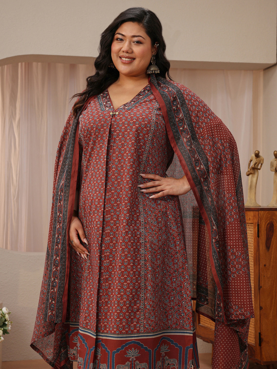 Plus Size Maroon Floral Printed Cotton A-Line Suit Set