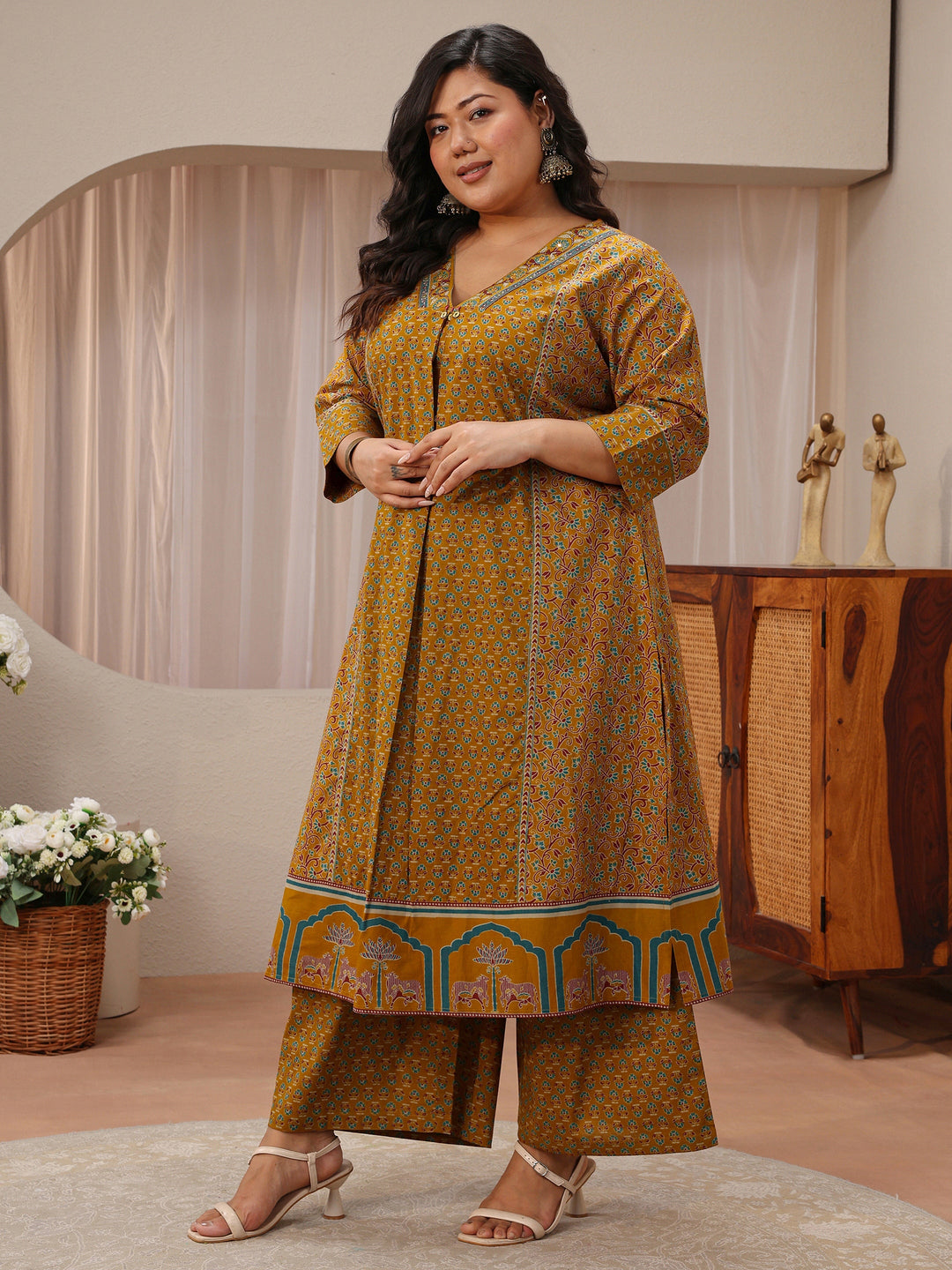 Plus Size Mustard Floral Printed Cotton A-Line Suit Set