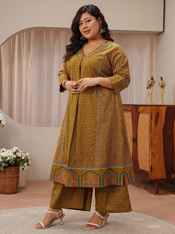 Plus Size Mustard Floral Printed Cotton A-Line Suit Set