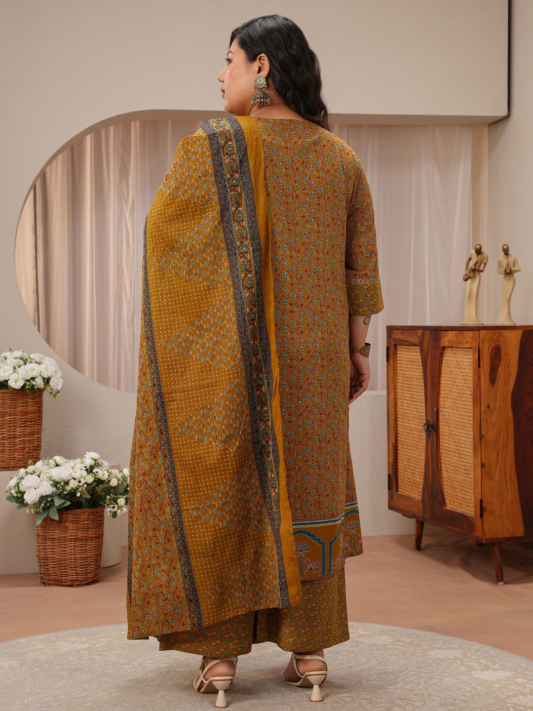 Plus Size Mustard Floral Printed Cotton A-Line Suit Set