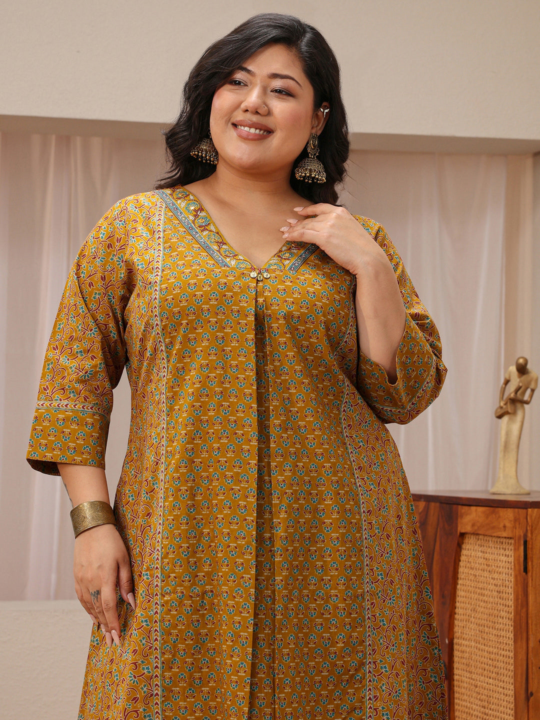 Plus Size Mustard Floral Printed Cotton A-Line Suit Set
