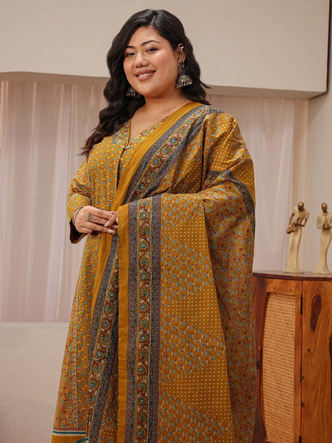 Plus Size Mustard Floral Printed Cotton A-Line Suit Set