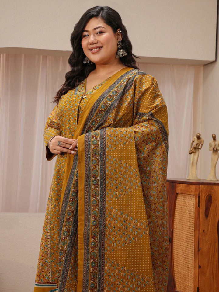 Plus Size Mustard Floral Printed Cotton A-Line Suit Set
