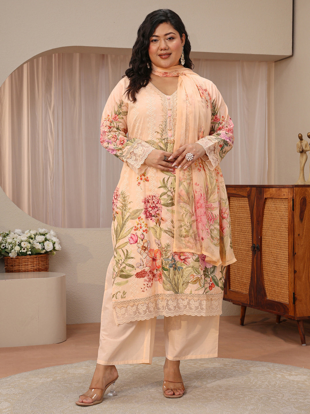 Plus Size Blush Peach Floral Print Cotton Straight Suit Set