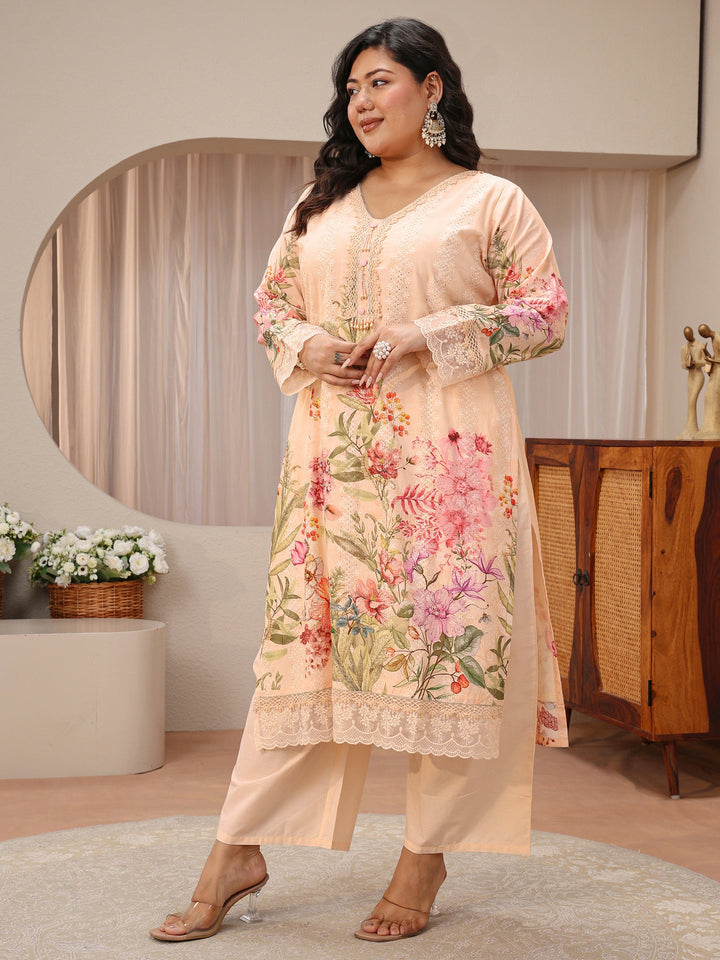 Plus Size Blush Peach Floral Print Cotton Straight Suit Set