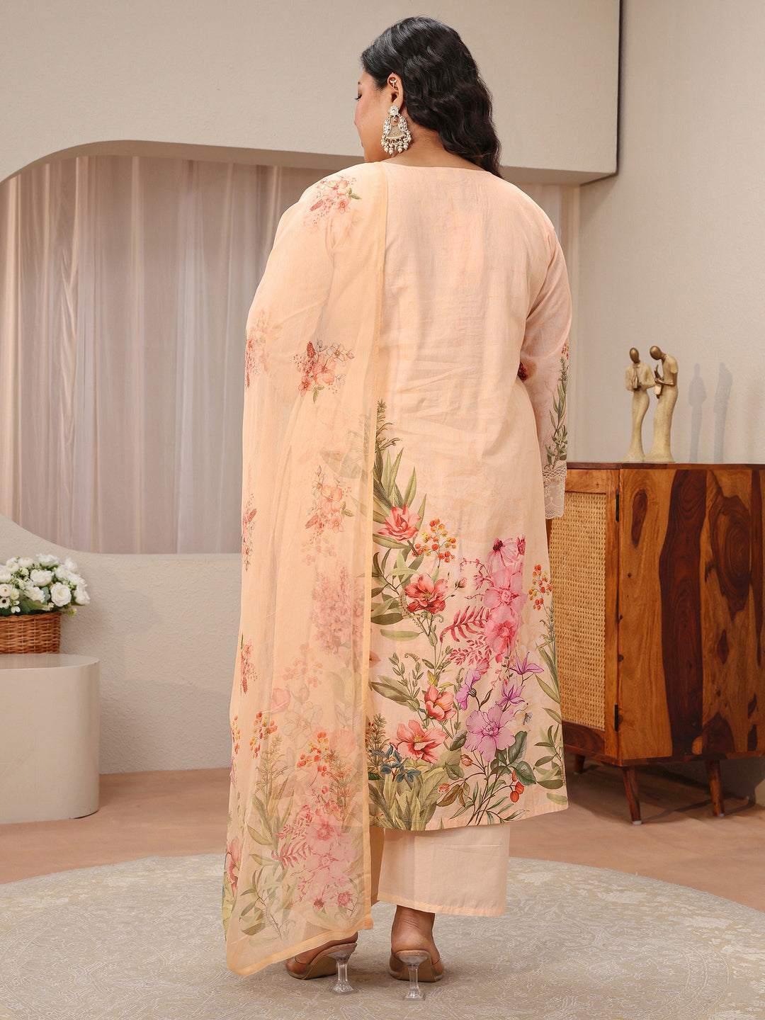 Plus Size Blush Peach Floral Print Cotton Straight Suit Set