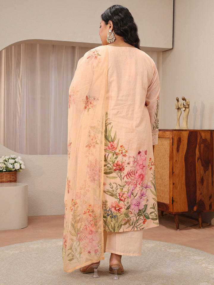 Plus Size Blush Peach Floral Print Cotton Straight Suit Set