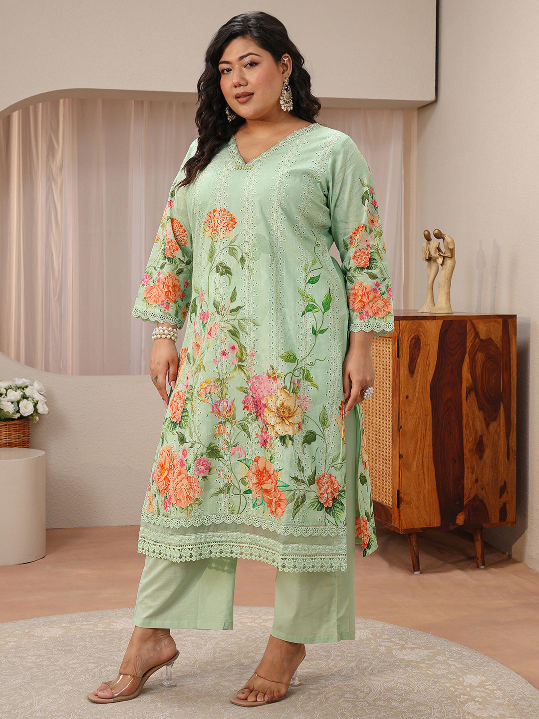 Plus Size Mint Green Floral Print Cotton Straight Suit Set