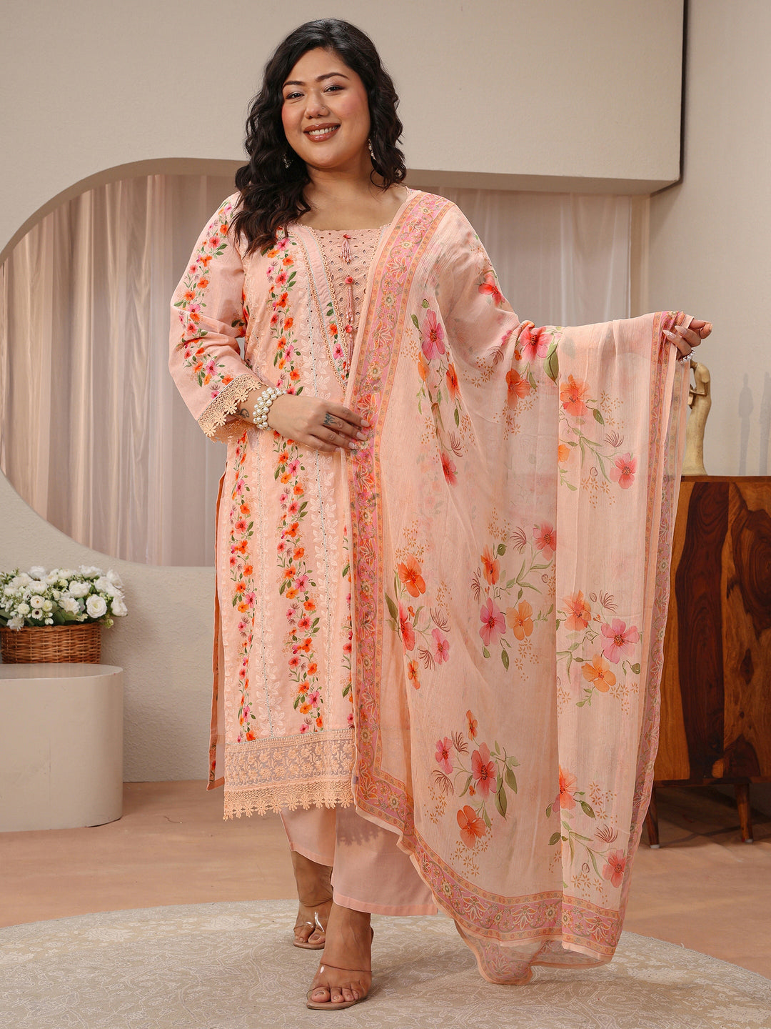 Plus Size Peach Floral Schiffli Embroidered Cotton Suit Set