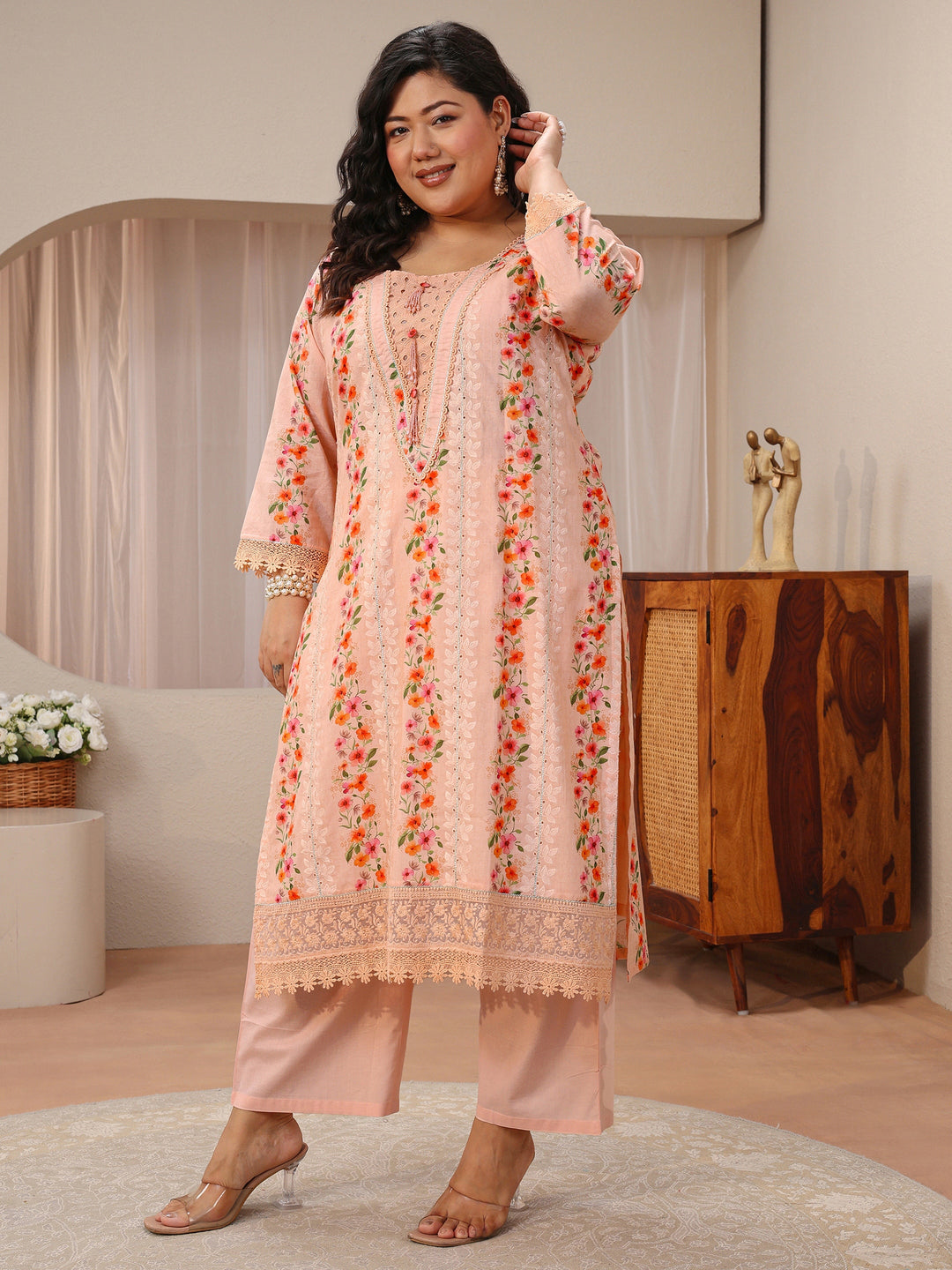 Plus Size Peach Floral Schiffli Embroidered Cotton Suit Set
