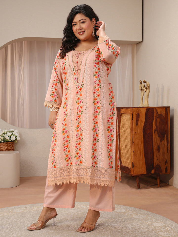 Plus Size Peach Floral Schiffli Embroidered Cotton Suit Set