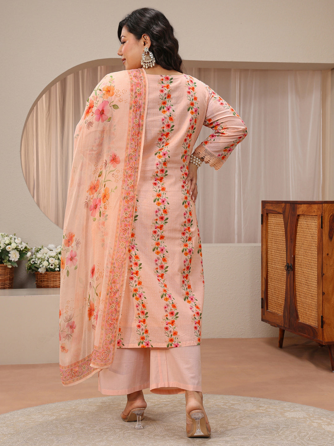 Plus Size Peach Floral Schiffli Embroidered Cotton Suit Set