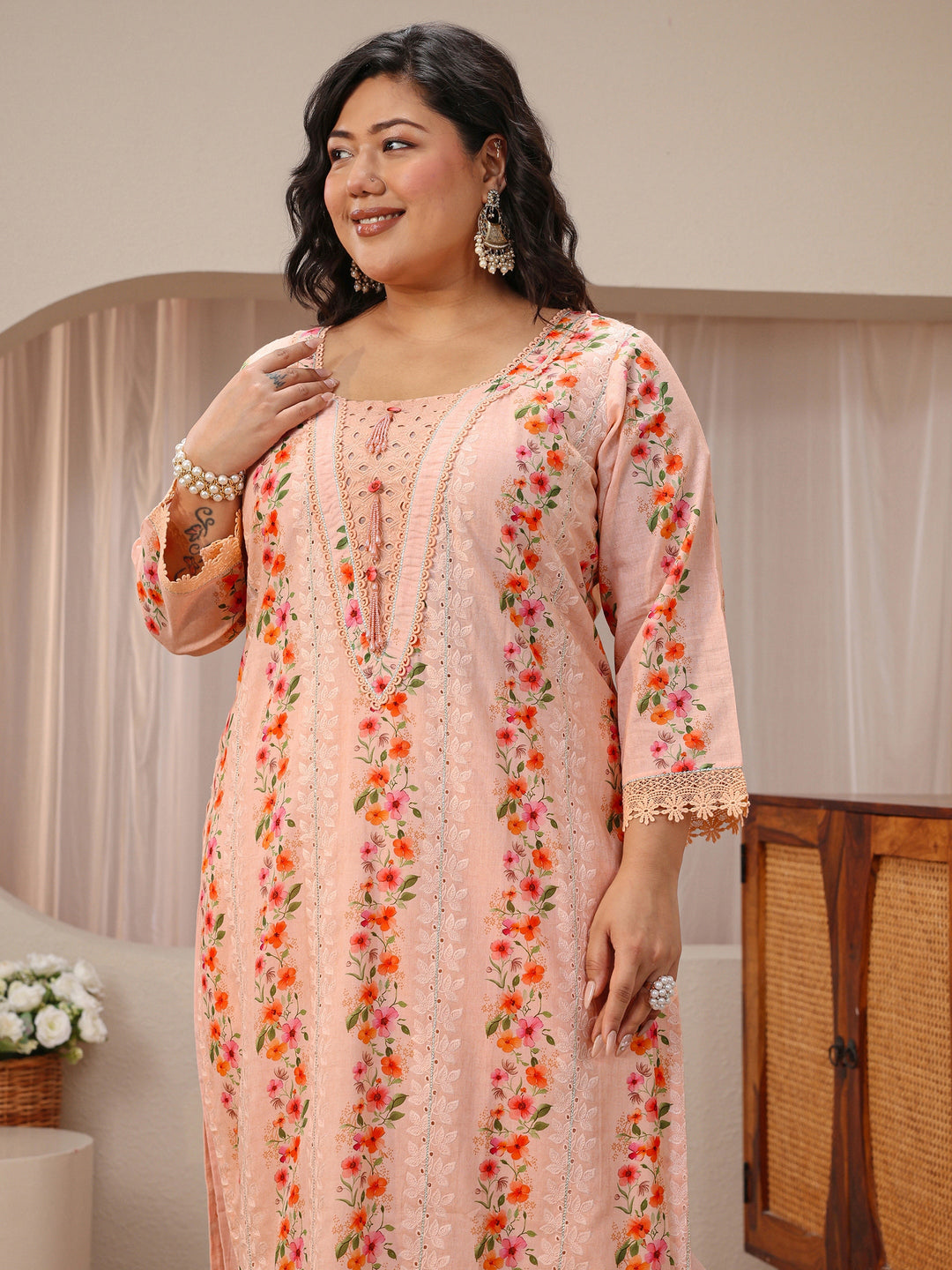 Plus Size Peach Floral Schiffli Embroidered Cotton Suit Set