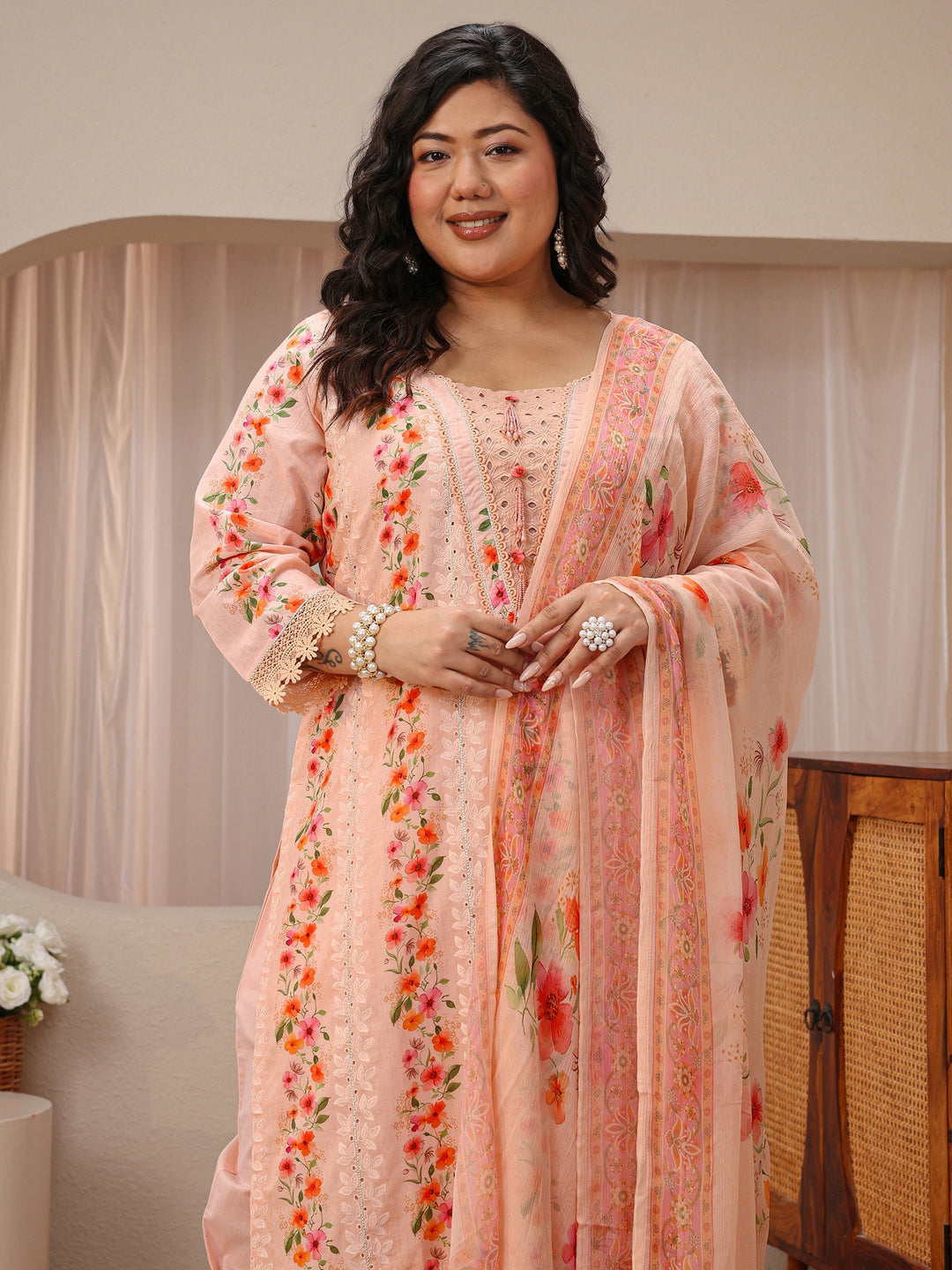 Plus Size Peach Floral Schiffli Embroidered Cotton Suit Set