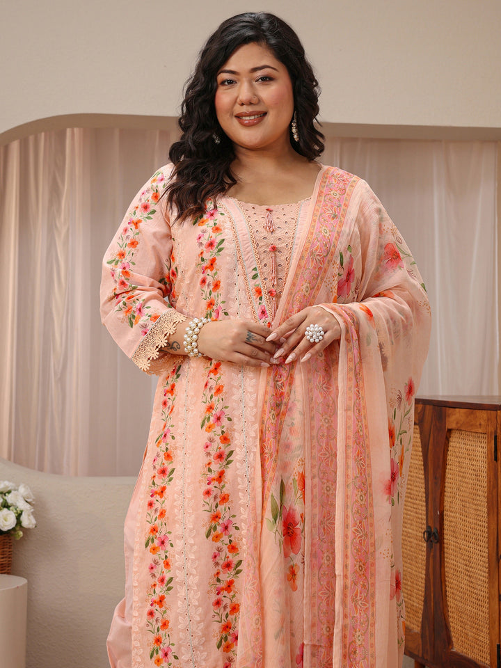 Plus Size Peach Floral Schiffli Embroidered Cotton Suit Set